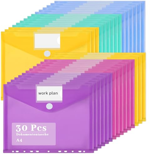 A4 Dokumententasche, 30 Stück Dokumentenmappe mit 11 Löchern Wasserdicht Sammelmappen mit Klettverschluss Etikettentasche Mappen A4 für Dokumente Organisieren, 5 Farben