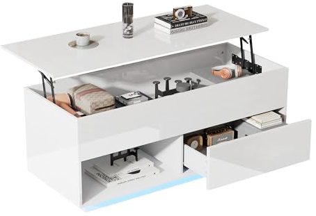 vutizal Höhenverstellbarer Couchtisch 100x50cm, Hochglanz Couchtisch Mit Hubboden & LED,Wohnzimmertisch Mit Schublade & 50 Kg Tragkraft,Weiß