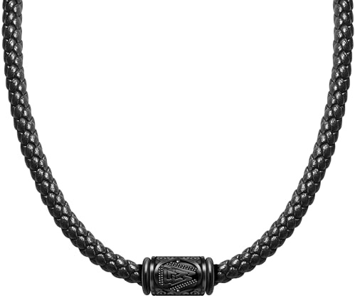 LEAFIA Collar Hombre de Cuero Auténtica con Colgante de Acero Inoxidable Negro, Collar Hombre Estilo Punk, Rock, Streetwear