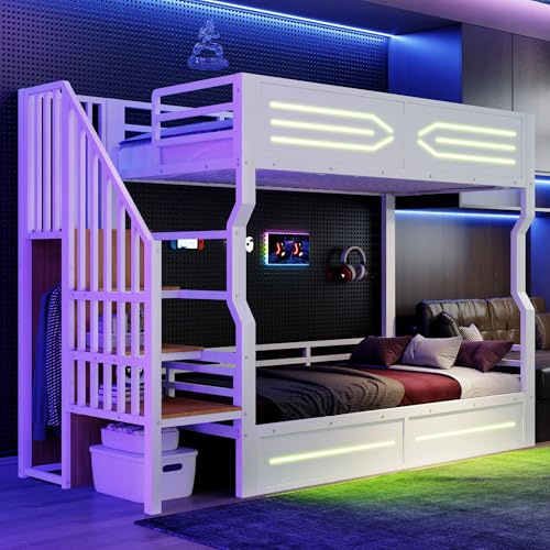 Xwiny Kinderbett 90x200 cm mit LED-Beleuchtung und Treppe Stauraum, Hochbett mit Kleiner Kleiderschrank, Stauraumbett, Eisenbett, Etagenbett, für Jugendzimmer(Ohne Matratze) (Weiß-A, 90x200 cm)