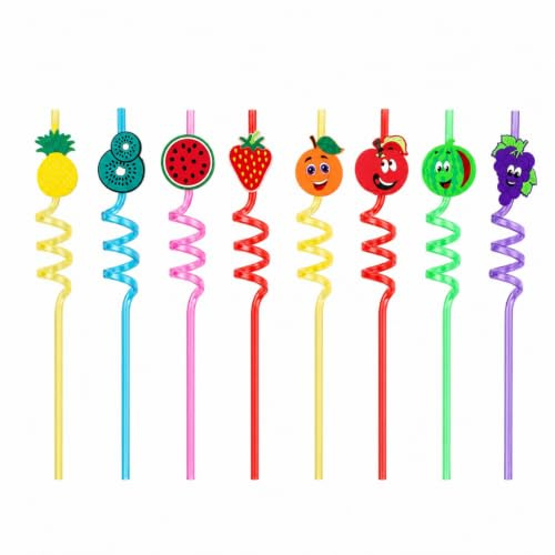 8 Pcs Fruit Summer Curly Straws, Reusable Colorful Drinking Crazy Straws, Novelty Bendy Straws, Cartoon Straw for Drinking Birthday Party Decorations Family Reunion Party Decor Supplies