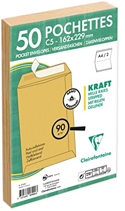 Clairefontaine 5742C - Paquet de 50 Pochettes Kraft Milleraies Brun C5-162x229 mm - Auto-Adhésives - 90g/m²