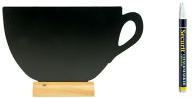 SECURIT - Lavagna Da Tavolo Silhouette Tazza - Per Pennarelli A Gesso Liquido - Per Caffè, Ristoranti, Bar, Negozi - Inserto Rimovibile - Base In Legno Laccato - 33,5x21x6cm - 1 Pennarello Incluso