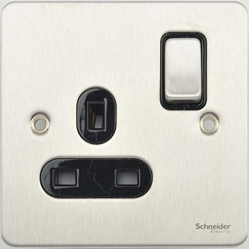 Schneider Electric Ultimate Flat Plate - Switched Single Power Socket, Single Pole, 13A, GU3210BSS, Stainless Steel with Black Insert