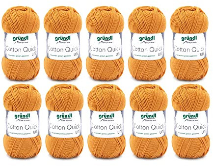 Gründl Wolle Cotton Quick uni - dünne Wolle zum Häkeln - Strickgarn - Häkelgarn - Glänzend und hautfreundlich - 100 % Baumwolle - 10 Knäuel 50 g / 125 m - Nadelstärke 3 - 4 - Senf