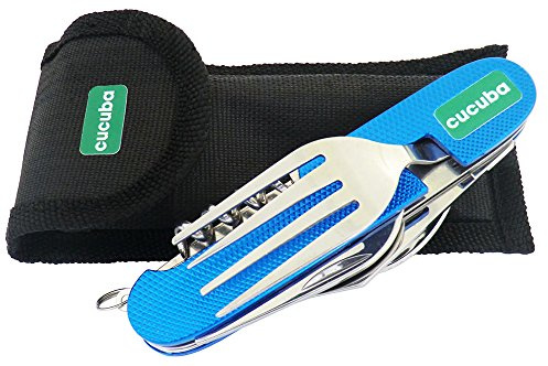 Cucuba® LOT DE COUVERTS DE CAMPING 4-PIECES EN METAL COULEUR BLEU (COUTEAU, FOURCHETTE, CUILLERE, OUVRE BOUTEILLE) POUR LE CAMPING, LA RANDONNÉE PÉDESTRE ET AUTRES ACTIVITÉS EN PLEIN AIR