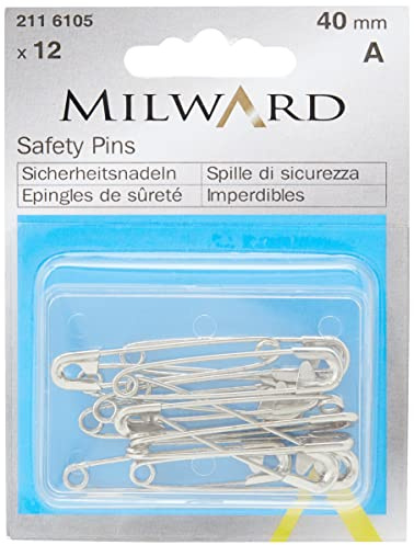 MILWARD Safety Pins, Silver, 40mm, 12 Pieces
