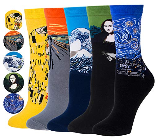 5 Paar Herren Lustige Bunte Socken,Klassische Gemälde Gemusterte Muster Socken, Verrückte Modische Mehrfarbig Socken Einheitsgröße Gelb