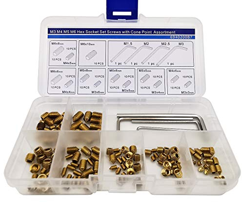 M3 M4 M5 M6 Gewindestift mit Innensechskant und Spitze, Messing,130 Stück,