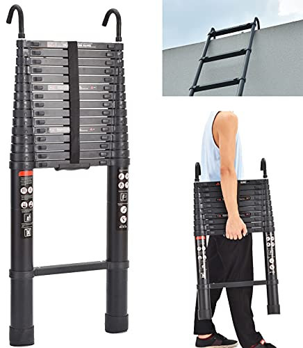 6.2M/20.3FT Telescopic Ladder with Detachable Hook Aluminum Heavy Duty Extendable Foldable Multi Purpose Ladder EN131 Safety Approved Black