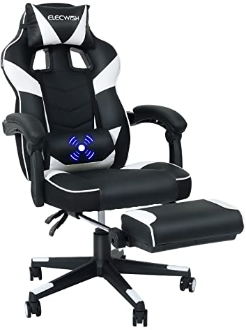 YU YUSING Gaming Stuhl Bürostuhl mit Fußstütze, Racing Stuhl Massage Ergonomisch, Drehbar Hochenverstellbar,90-150°Rückenlehne Verstellbar, Abnehmbare Kopfstütze, Lendenkissen (Schwarz & Weiß)