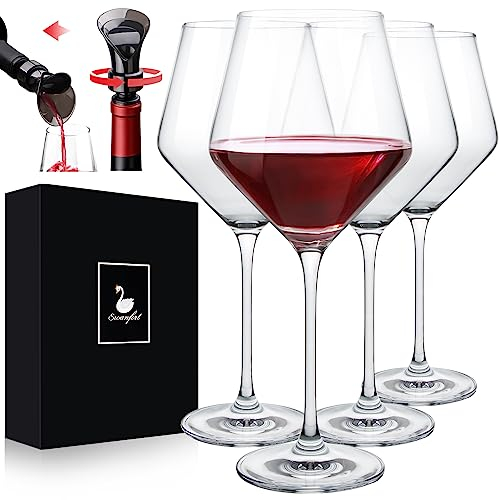 Swanfort Red Wine Glasses Set of 4, 460m Long Stem Wine Glasses in Gift Box, Perfect for Weddings, Anniversaries, Birthdays, Home (Classic)