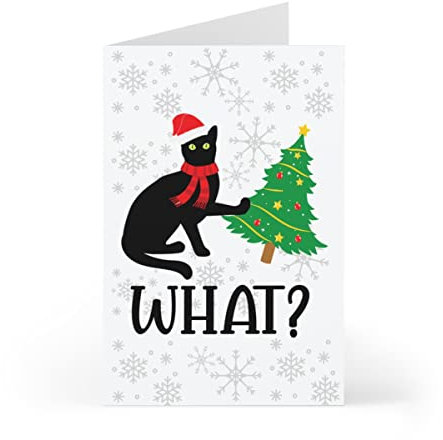 Christmas Card with Black Cat - Funny Christmas Greeting for Cat Lovers - Black Cat and Christmas Tree
