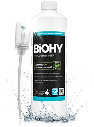 BiOHY Abflussreiniger (1l Flasche) + Dosierer | mit spezieller Haarweg-Formel | Bio Konzentrat für Küche & Bad | entfernt selbst hartnäckigste Verstopfungen | ohne ätzende Dämpfe & Gerüche