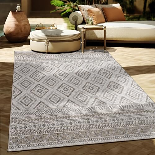 Paco Home Outdoor Teppich Flachgewebe Modern Boho-Style wetterfest & UV-beständig Ideal für Terrasse Balkon Wohnzimmer & Küche, Grösse:120 cm Rund, Farbe:Beige 2