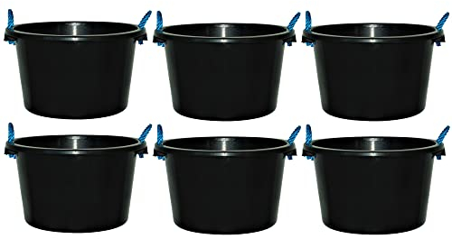 M1SS (Set of 6) – 45L Heavy Duty Black Plastic Buckets with Rope Handles – Cement, Plaster, Muck & Water Mixing Tubs – Durable Construction & Garden Storage – Made in UK
