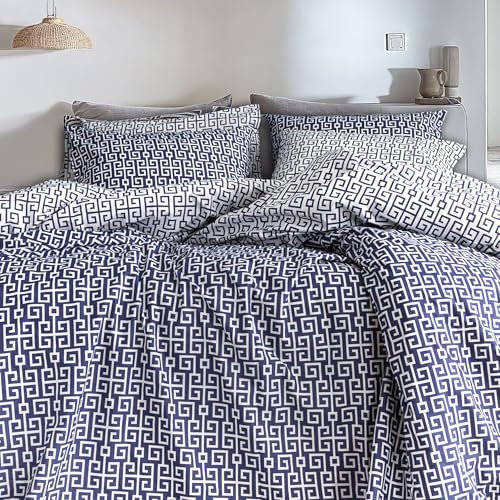 LERUUM Parure de Lit 220x240 Bleu Marine Coton Été Réversible Motif Géométrique avec 2 Taies 65x65 – Linge de Lit Adulte 2 Personnes