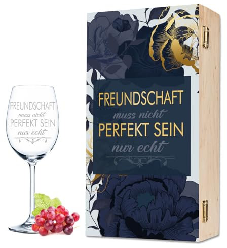 Leonardo Weinglas mit Gravur - Freundschaft muss nicht perfekt sein - Geschenkset inkl. Holzkiste - Geschenkidee für Freundinnen zum Geburtstag - Geschenkidee für Frauen - Farbe: Daily Kiste UV