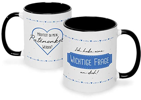 Bedruckte Tasse mit Spruch - Ich habe eine wichtige Frage an dich - Witzige Anfrage an Patentante oder Patenonkel - Geschenk für Paten zur Geburt Weihnachten - Farbe: Patenonkel Schwarz & Weiß