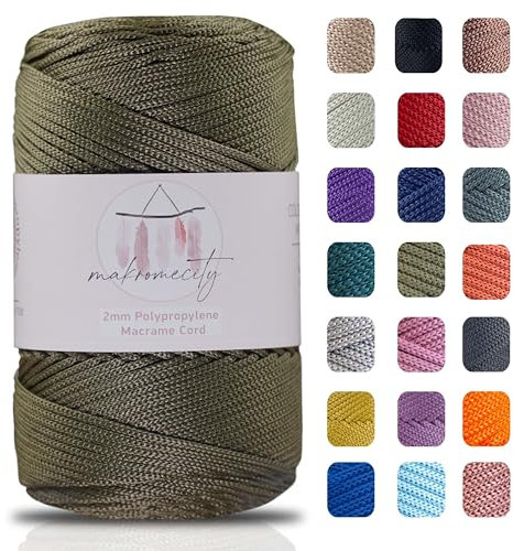 Makromecity, Polyester Macrame Cord 2mm x 250 yards (750 feet) 2mm Polypropylene Olive Drab Macrame Cord Crochet Macrame Bag Cord Crafts for Wall Hangings, Bags, Underplate, Rug