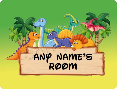 Personalised Childrens Bedroom Door Sign Dinosaurs Dino Kids Door Plaque Land, Multicoloured, 275mm x 90mm (001)