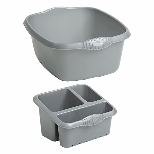 M1SS Set of 39cm Rectangular Washing up Bowl With Large High-Grade Plastic Sink Tidy Drainer Kitchen Caddy Cleaning Organiser 3 Compartment Sponge, Brush, Kitchen Utensils Holder (Silver)