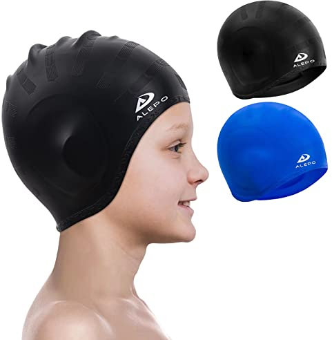 Alepo Lot de 2 bonnets de bain pour enfants filles et garçons - En silicone durable - Avec protection d'oreille 3D - Pour les tout-petits - Cheveux longs de 3 à 15 ans - Pince-nez - Noir et bleu