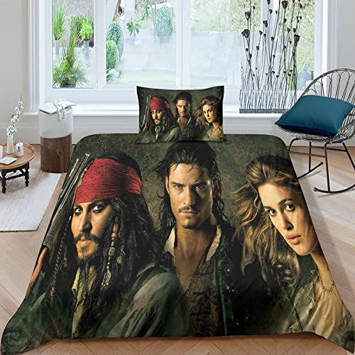 Pirates of The Caribbean Bettbezug Bettwäsche Set Movie Bettbezüge 3D Drucken 2 Teilig Microfaser Bettwäsche Super Weiche Atmungsaktive Deckenbezug Mit Reißverschluss Betten Set Single(135x200cm)