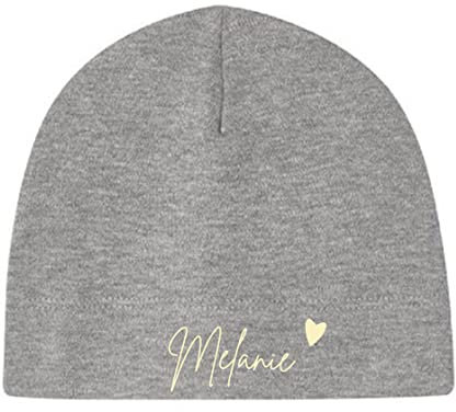 minimutz Kleine Babymütze mit Namen | Personalisierte Mütze Beanie für Baby und Neugeborene | Motiv Herz (grau)