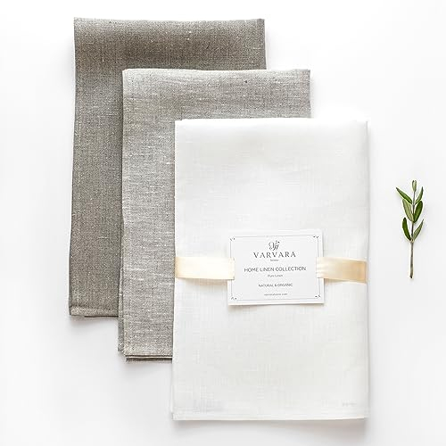 Varvara Home 9 Torchons en Lin | Torchon de Cuisine en Lin | Serviettes et torchons à Vaisselle Lin | Torchon Professionnel Beige Naturel Blanc - Set de 9
