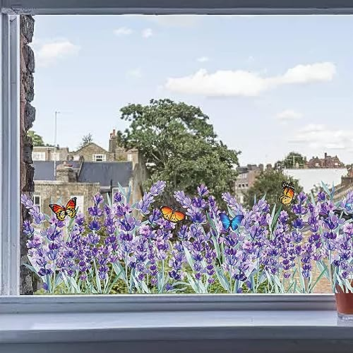 GORGECRAFT Fensteraufkleber 118x39cm Lavendel Sommer Lila Blumen Gras Schmetterling Statische Fensteraufkleber Nicht Klebend Doppelseitig Transparent Fensteraufkleber Glasschiebetüren Kollisionssicher