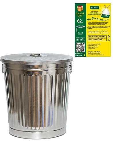 Jinfa 1 Cubo de metal galvanizado con asas y tapa diseño retro + 5 bolsas de basura | Zinc | Ø 44 cm | Capacidad 62L