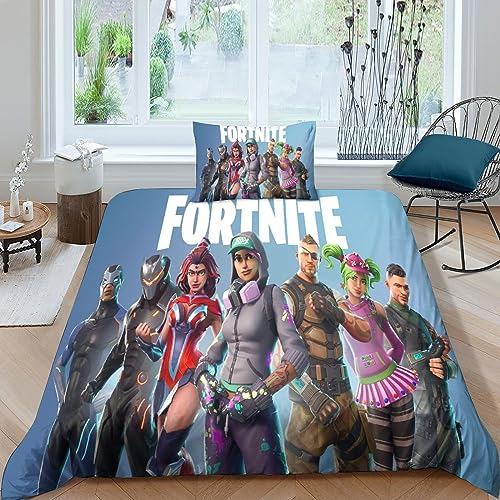 3D Bettwäsche Fortnite Mikrofaser 2 Teilig Zeichentrickfilm Spiel Microfaser Bettbezug Set Mit Reißverschluss Und Kissenbezug Für Kinder Und Erwachsene Single(135x200cm)