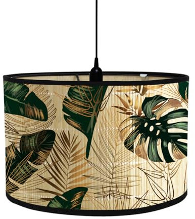 Morbuy Abat-Jour en Bambou, Motif Plante Floral Tropical, Diamètre 30cm Abat-Jour Tambour Rechange pour Lampe de Chevet, Lampe de Table, Lampadaire, Lampe de Plafond, Décorer (Feuilles d'Or)