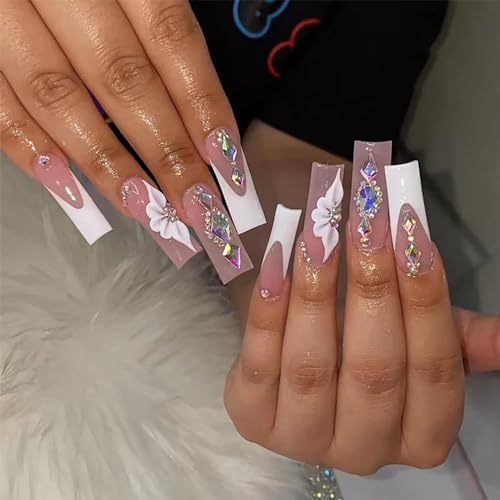 Angwis 24pcs Extra Long Square False Nails French White Tip Stick on Nails Rhinestone Flower Press on Nail Removable Glue on Acrylic Full Cover Fake Nail Art Accessories for Women Girls