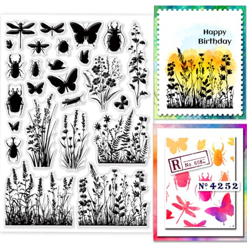 GLOBLELAND Wildblumen Gras Silhouette Klare Stempel 5.83x8.27 inch Blumen Insekten Silhouette Silikon Stempelsiegel Natur Silhouette Transparente Stempel Für DIY Scrapbooking Karten Tagebuch