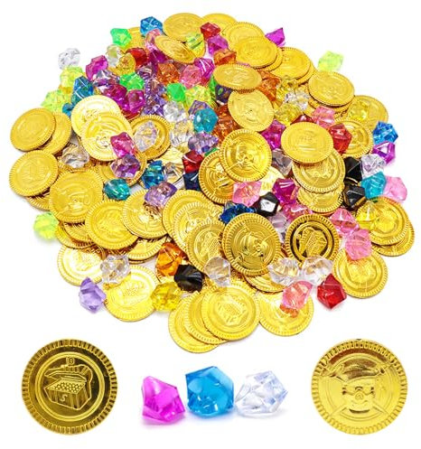 Ksvaye 200 Stück Piratenschatz Goldmünzen Kinder und Edelsteine für Kinder, Spielgeld Münzen, Piratenparty Mitgebsel Schatzsuche für Piraten Deko, Schatz Gold Edelsteine Kinder