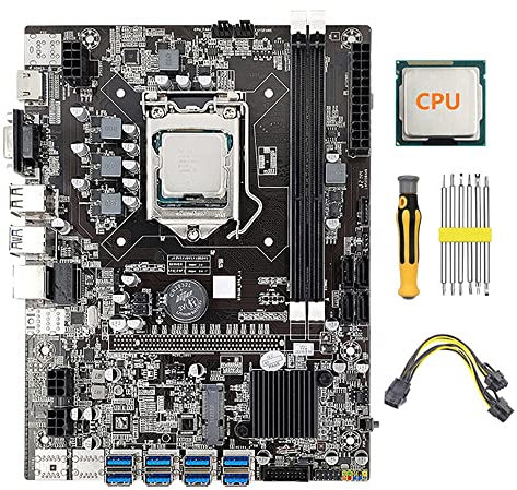 Flcivsh B75 8 GPU Mining Motherboard+CPU+Power Cable+Screwdriver Kit 8X USB 3.0 Slot LGA1155 DDR3 RAM SATA3.0 for BTC ETH Miner
