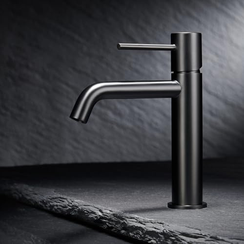 IMEX - Grifo Lavabo Negro | Grifo Baño Monomando con Agua Fría y Caliente | Grifo de Caño Bajo Fabricado con Latón | Ahorro de Agua y Fácil Instalación | Serie Monza | Color Black Gun Metal