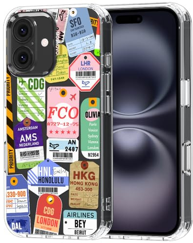 MOSNOVO Case for iPhone 16 Plus, [Buffertech 6.6ft Military-Grade Drop Protection] [Anti Peel Off Tech] Clear TPU Bumper Phone Case Cover Design - Air Ticket Labels