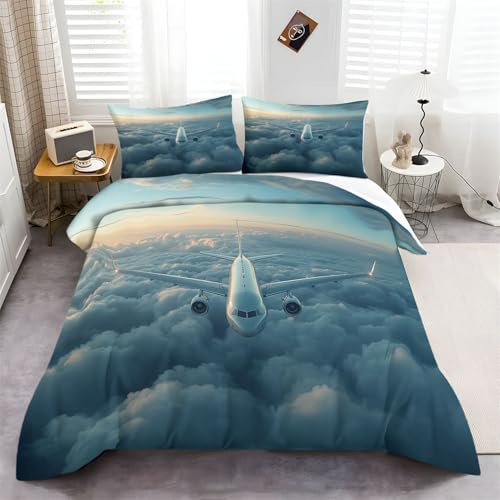 Generisch Bettwäsche-Sets 135 x 200 cmHochfliegendes Flugzeug Thema Waschmaschinenfest Pflegeleicht 100% Polyester Bettzeug Blau 1 Bettbezügen & 2 Kissenbezügen 80x80