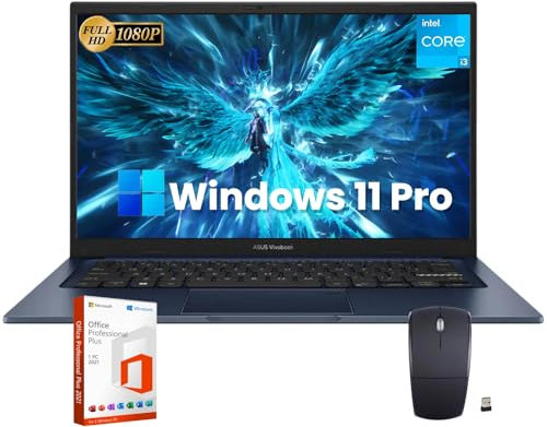 ASUS Vivobook 14 Thin&Light Laptop - Windows 11 Pro, Microsoft Office incluso, display FHD da 14, Intel 6-Core i3-1215U, 8 GB di RAM, SSD da 512 GB, scheda grafica Intel Iris Xe, Wi-Fi 6E, con mouse