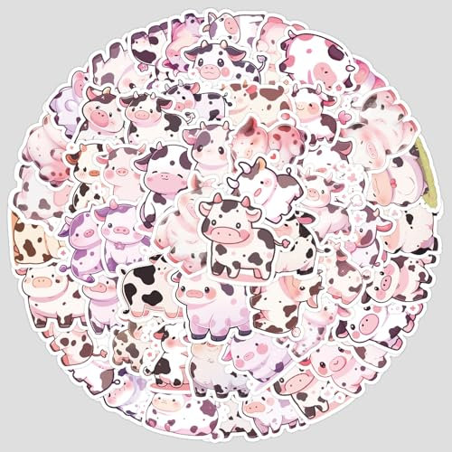 TUIOBUN 50Pcs Cute Cow Stickers for Skateboard,Scrapbook,Helmet,Laptop,Car,Water Bottle, Notebook,Luggage,Bike,Phone,Gift for Children Girl,Waterproof Vinyl Animal Sticker,Cartoon Cattle Decal