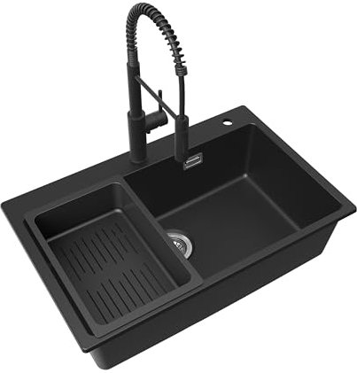 CECIPA Évier de cuisine noir avec robinet de cuisine avec douchette abaissable, 70 x 45 cm, en granit avec bonde et trop-plein, évier de cuisine encastrable à partir de 80 cm de largeur d'armoire,