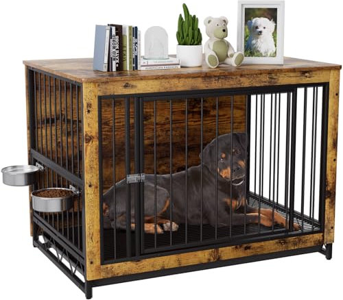 LIFERUN Gabbia per cani per la casa in stile mobili, 93 x 64 x 58 cm, gabbia per cani di taglia media fino a 40 kg, con vassoio rimovibile, con 2 ciotole per cani e porte, in legno, marrone