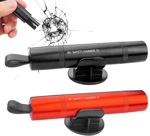 Maxentico 2 Stück Gurtschneider Notfallhammer Mini, 2 In 1 Safety Nothammer Auto mit Gurtschneider, Tragbarer Sicherheitshammer Fensterbrecher, Glasbrecher, Autoscheiben Zerstörer (Schwarz + Rot)