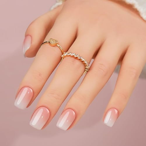 Short Square False Nails - 24Pcs French Tip Nails - Nude White Gradient Press on Nails Short in 12 Sizes - French Pearl Glossy Fake nails with Glue - Stick on nails for Women Girls