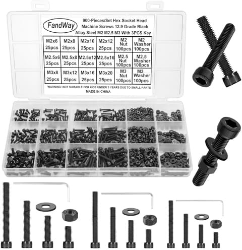 FandWay 900 Stück M2 M2.5 M3 Schrauben Set,Zylinderschrauben Innensechskant Gewindeschrauben,Sechskantschrauben Schwarz 12.9 Legierter Stahl Maschinenschrauben Muttern und Unterlegscheiben Kit.