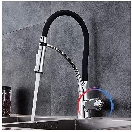 WDSOPK Robinet De Cuisine Thermostatique avec Douchette Extractible, Rotation À 360°, Mitigeur D'Évier De Cuisine en Laiton, Monotrou, Poignée Unique, Montage sur Pont, Mitigeur