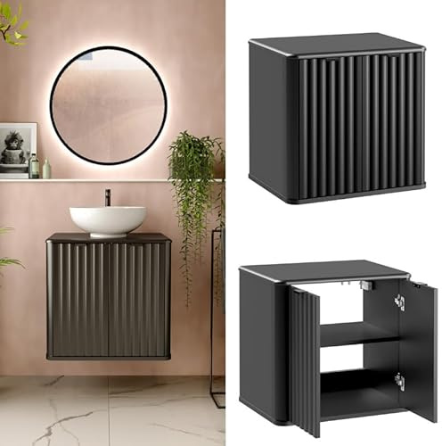 Impact Furniture Bathroom Vanity Unit Wall Hung Cabinet with Worktop Black Fluted Modern Countertop Wall Mounted 600mm Sink Unit with Soft Close Luxury Ribbed Doors Slim Narrow Design
